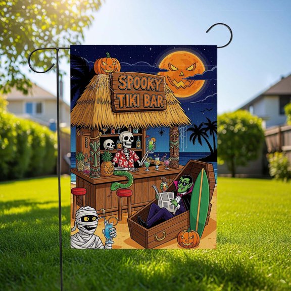 Garden Flag Spooky Tiki Bar Flag Skull Mummy Vampire Outdoor Decoration, 12x18 POLE NOT INCLUDED