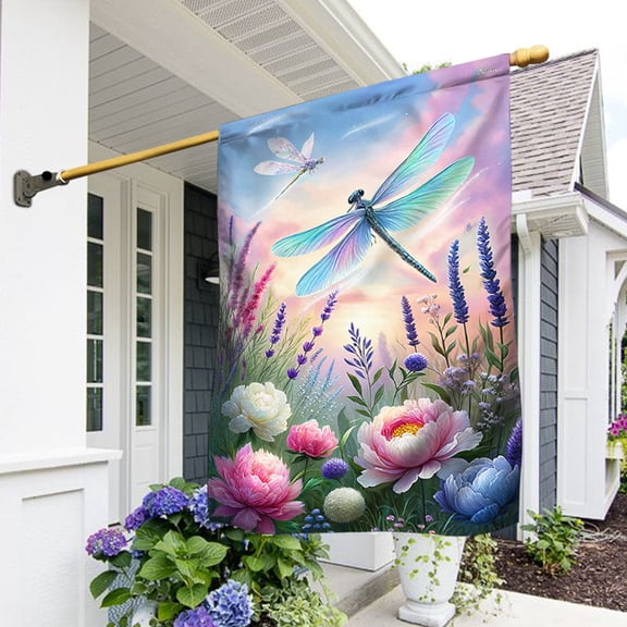 Garden Flag Spring Floral Dragonfly for Outdoor, Nature Inspired, 12x18 POLE NOT INCLUDED
