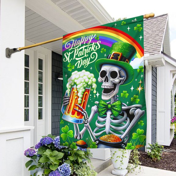 Garden Flag St Patrick's Day Funny Skeleton Drinking Beer, Humorous, 12x18 POLE NOT INCLUDED