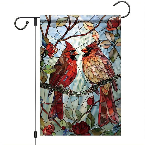 Garden Flag Stained Glass Cardinal Flag Red Birds Floral Rustic Seasonal Outdoor Decor, 12x18 POLE NOT INCLUDED