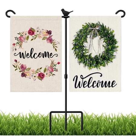 Garden Flag Stand with 2 Arms, Double Garden Flag Holder Stand with Bird, Wrought Iron with Stopper and Clip to Secure Flags in Position, Yard Flag Stand (No Flag Included)