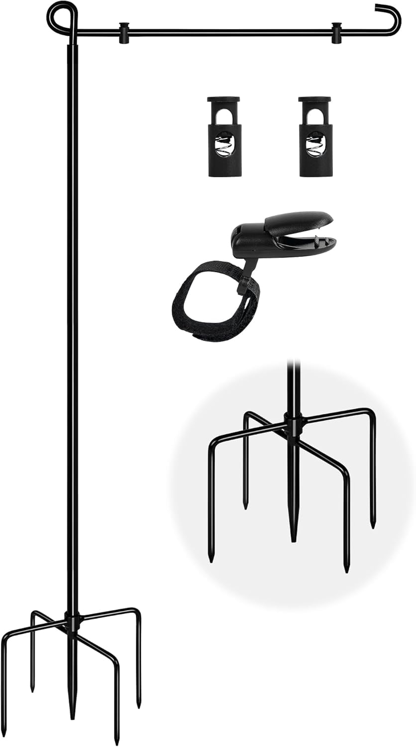 Garden Flag Stand with 5 Prong Base,Stable Design Garden Flag Holder for Outside,Waterproof Coated Yard Flags Pole Holder with Clip and Stopper for Outside House,Lawn,Yard Decorations