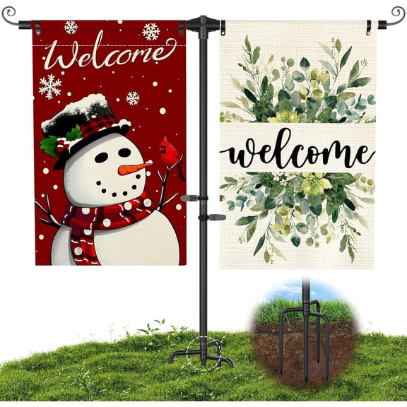 Garden Flag Stand Heavy Duty – 3/4" Thick Powder-Coated Aluminum Yard Flag Holder with 4-Prong Base for 12x18 Double Flags Outdoor Patio Decor
