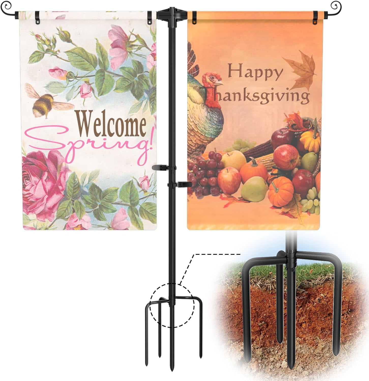 Garden Flag Stand Holder w/4-Prong Base, 3/4 Inch Extra Thick Heavy Duty Yard for Double Small Flags 12x18, Pole Outside Patio Decor