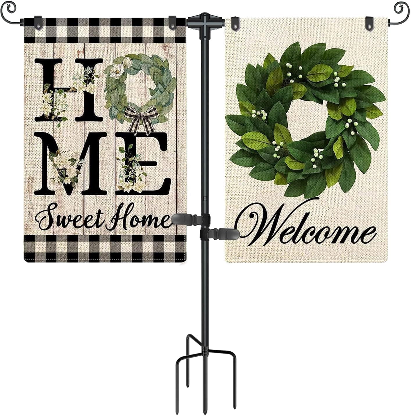 Garden Flag Stand Holder with 4 Prong Base for Double Flags, 3/4 Inch Extra Thick Heavy Duty Yard Flag Holder for Outside 12x18 Home Patio Decor