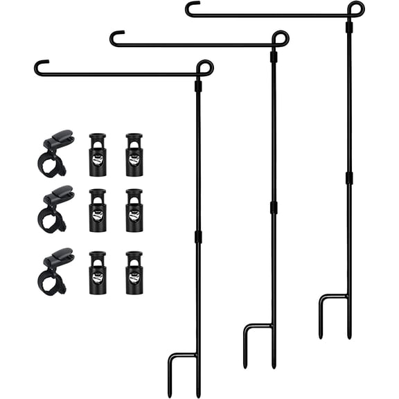 Garden Flag Stand, Premium Garden Flag Pole Holder Metal Powder-Coated Weather-Proof Paint with one Tiger Clip and Two Spring Stoppers Without Flag 3 Pack