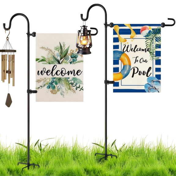 Teblint Garden Flag Stand, 2-Pack Flag Pole Holder with Shepherds Hooks 48" Garden Flag Holder for 12 x 18" Flag for Outdoor Decorations (Without Solar Lights & Flag)