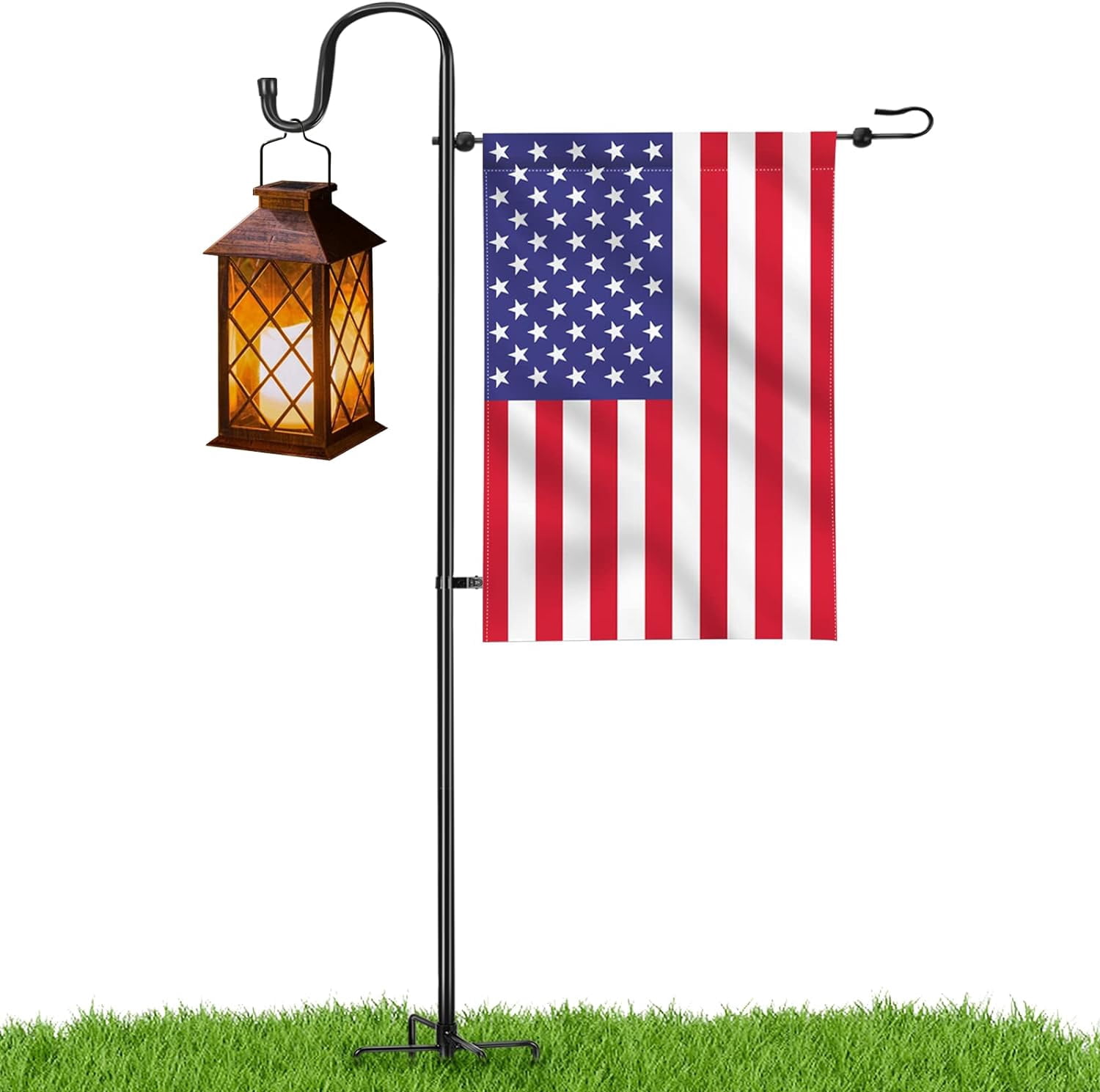 Garden Flag Stand - Upgraded Pole with Shepherd Hooks for 12 x 18 Flag, 45IN Yard Holder Small Flags(Without Solar Lights & Flag)
