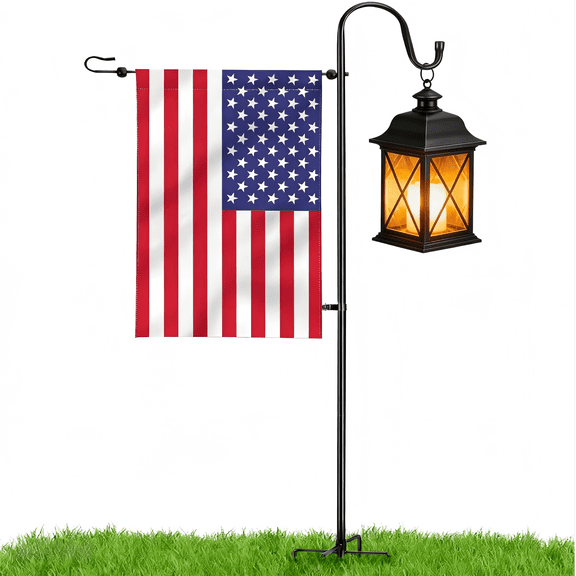 Garden Flag Stand - Upgraded Garden Flag Pole with Shepherd Hooks for 12 x 18" Flag, 47IN Yard Flag Holder Stand for Small Flags (Without Solar Lights & Flag)