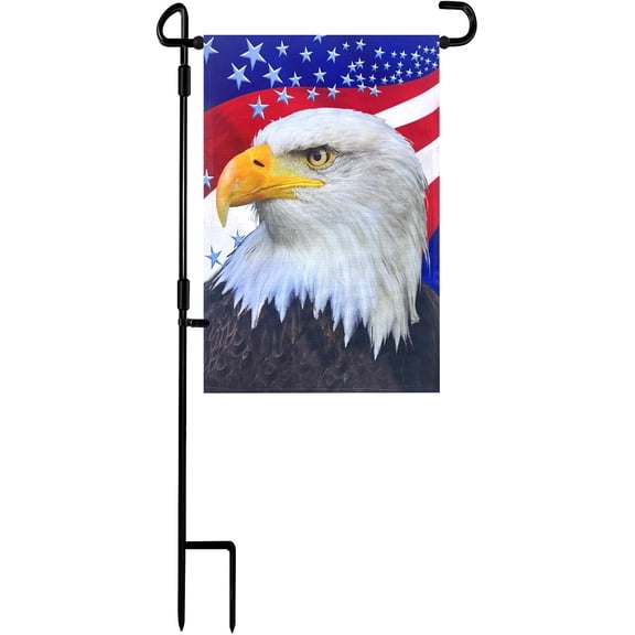 Garden Flag Stand with Festive Stars and Eagle Flag, 12x18 Inch Metal Holder Set