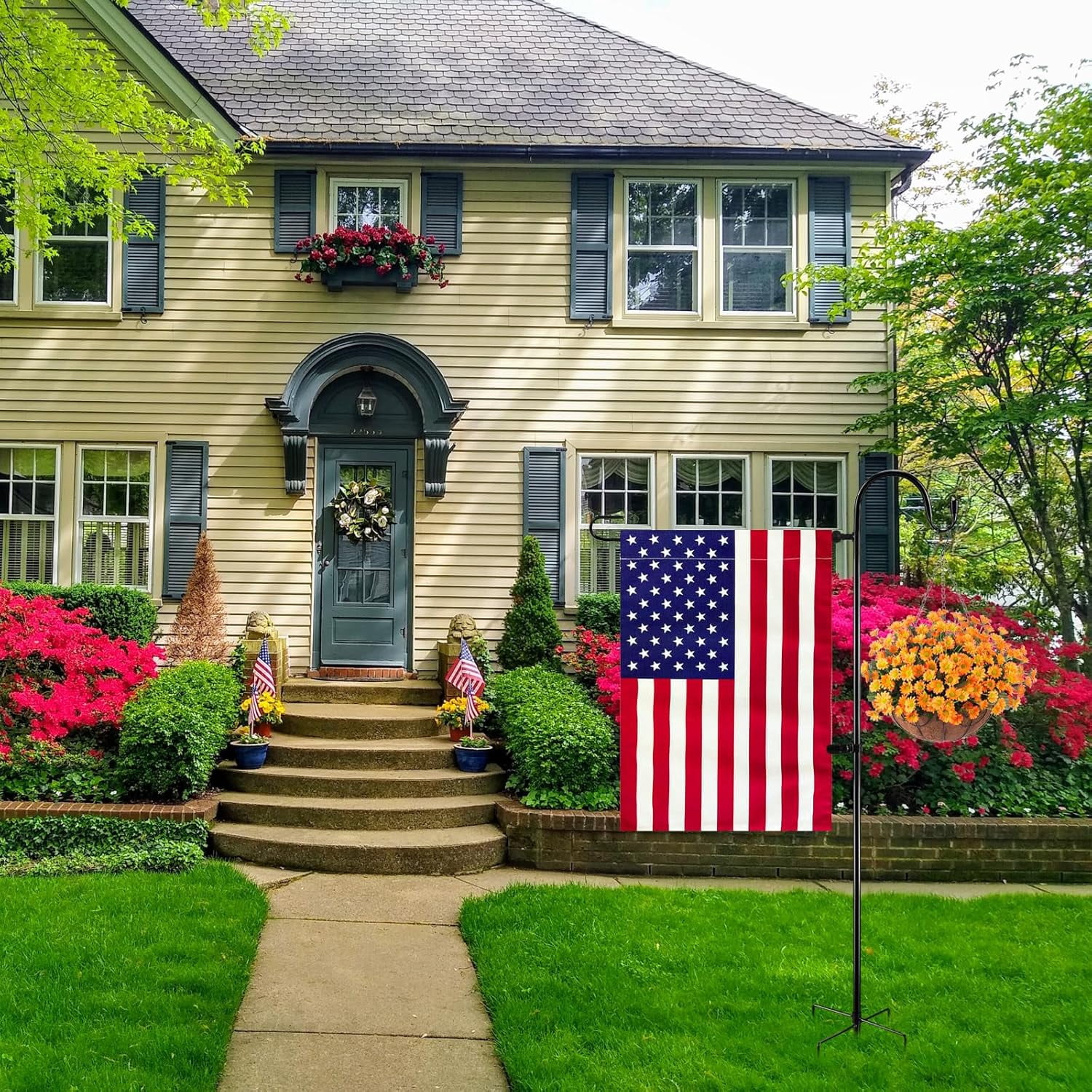 Garden Flag Stand with Small Fabric Flag, Metal Holder Pole and Flag Set