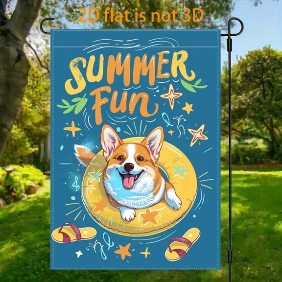 Garden Flag Summer Corgi Pool Garden Flag, 12x18 inches, double-sided 2D design, a lively and cute pet vacation style garden flag, perfect for summer outdoor welcome decoration, suitable for courtyar