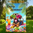 thumbnail image 1 of Garden Flag Summer Dachshund Garden Flag, 12x18 inches, double-sided 2D design, full of vitality and cute pet vacation style garden flag, is very suitable for summer outdoor welcome decoration, appli, 1 of 5