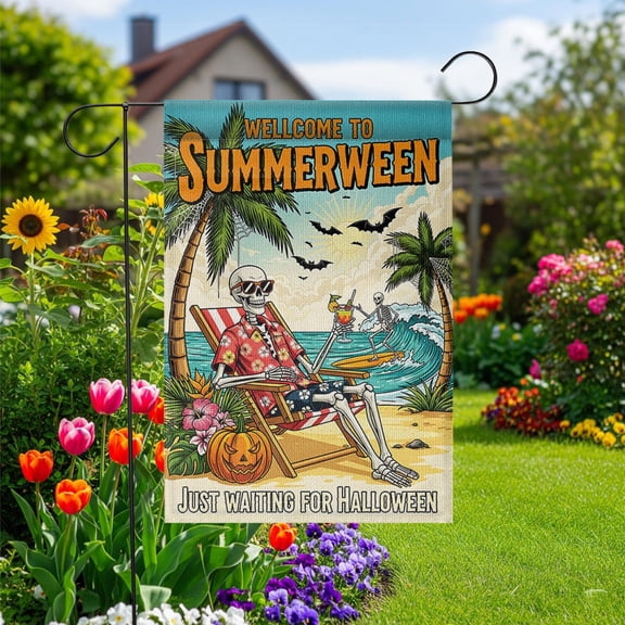 Garden Flag Summerween Flag Skeleton Tropical Spooky Outdoor Decoration, 12x18 POLE NOT INCLUDED