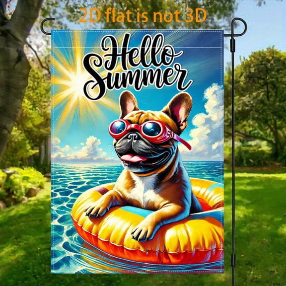 Garden Flag Swimming Pool French Fighting Garden flag, 12x18 inches, double-sided 2D design, lively and cute pet vacation style garden flag, perfect for summer outdoor welcome decoration, suitable fo