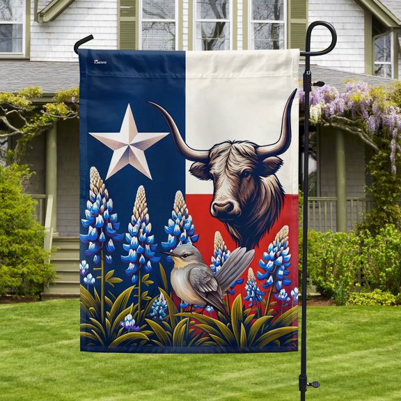 Garden Flag Texas Lone Star State Longhorn Mockingbird and Bluebonnet, State Pride, 12x18 POLE NOT INCLUDED