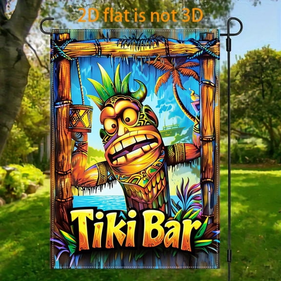 Garden Flag Tiki Bar Totem Garden Flag, 12x18 inches, double-sided 2D design, a retro totem garden flag full of tropical charm, is very suitable for outdoor decoration of beach parties, and is applic