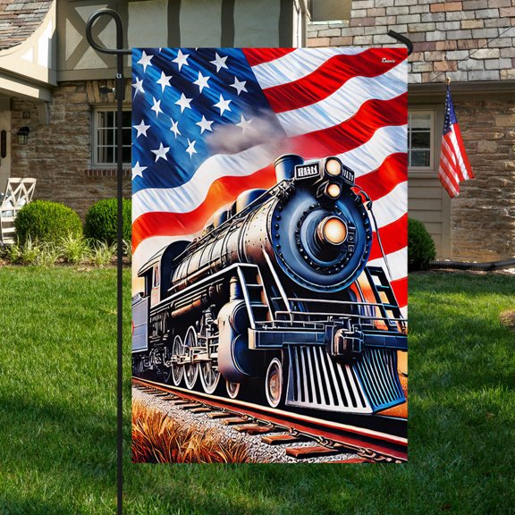 Garden Flag Train On American, Locomotive Enthusiast, 12x18 POLE NOT INCLUDED