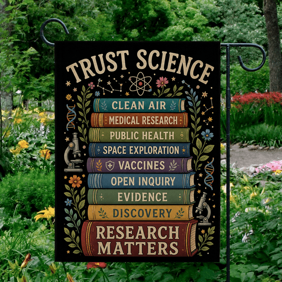 Garden Flag Trust Science Book Stack Porch Sign for Research Supporters