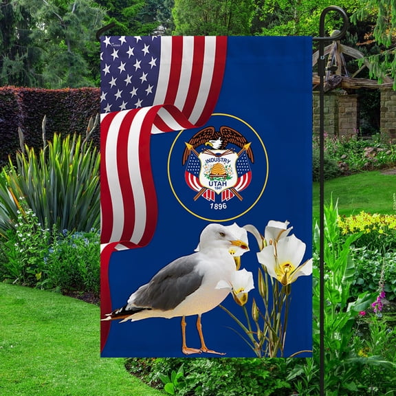 Garden Flag Utah State Seagull Bird and Sego Lily, State Botanical, 12x18 POLE NOT INCLUDED