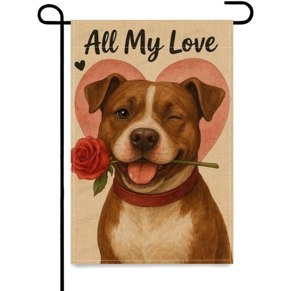 Garden Flag Valentine's Day Pitbull Dogs Heart Rose Double Sided Outside Yard Decoration Small Yard Flag 12x18 Inch Porch Lawn Decor