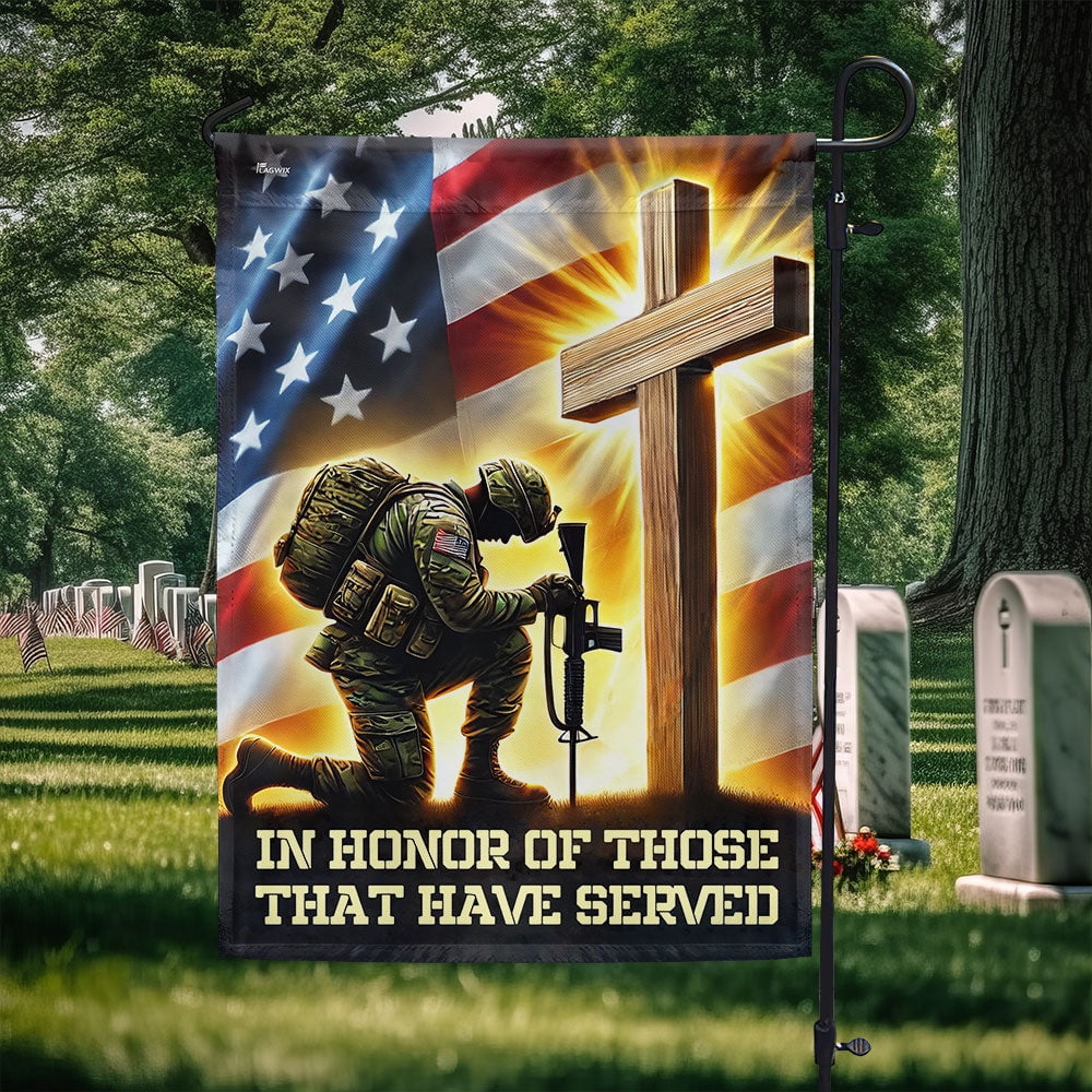 Garden Flag Veteran Kneeling Soldier Cross On American Patriotic Veterans Day, Military, 12x18 POLE NOT INCLUDED
