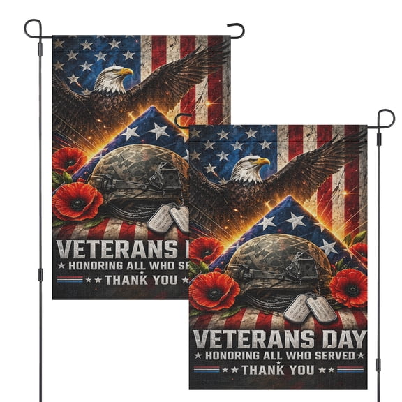 Garden Flag, Veterans Day Eagle Helmet American Flag and Red Poppies Design, 12" x 18" Vertical Yard Banner for Front Porch Patio Lawn Outdoor Decoration, Military Appreciation Decor