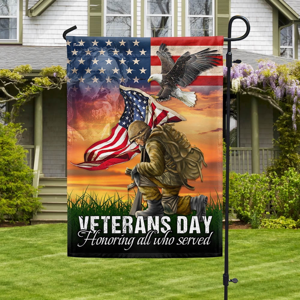 Garden Flag Veterans Day Honoring All Who Served Kneeling On American Soldier, Heroism, 12x18 POLE NOT INCLUDED