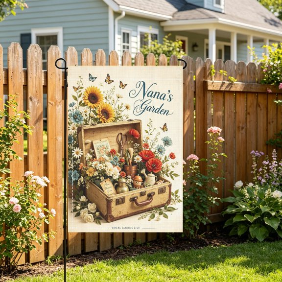 Garden Flag, Vintage Crate Nana Garden Floral Pattern,12x18 Inch,Double Sided Printed,Holiday Present for Nana,Outdoor Yard Decor,No Flagpole