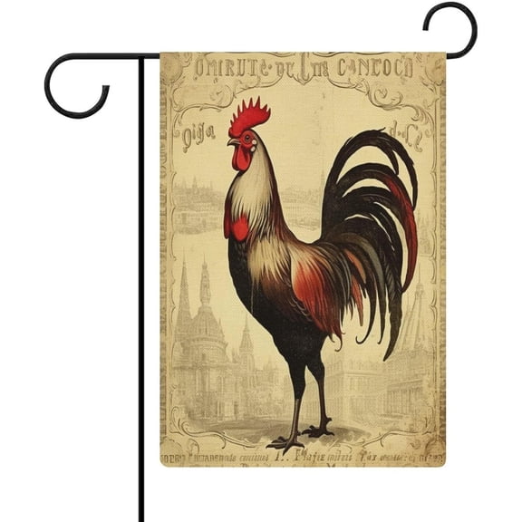 Garden Flag Vintage French Writing Paris Rooster Spring Summer Season Garden Flags 12x18 Double Sided Rooster Painting Farmhouse Flag for Outdoor Decorations