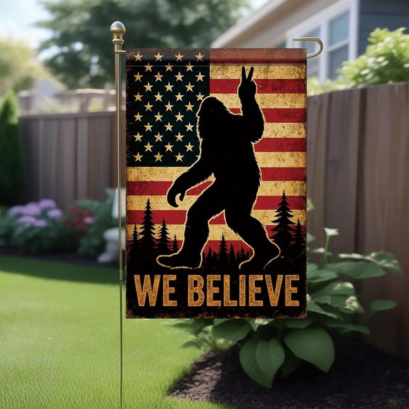 Garden Flag We Believe Flag Retro American Flag Forest Patriotic Sasquatch Welcome Independence Day Outdoor Decor, 12x18 POLE NOT INCLUDED