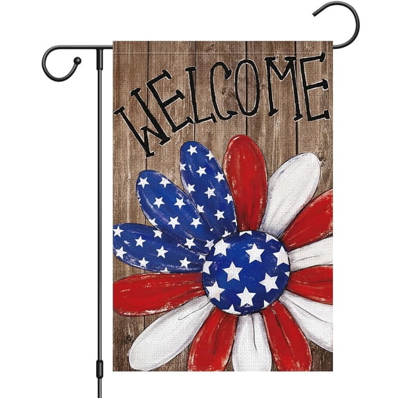Garden Flag Welcome 4th of July Daisy Star Flag, Patriotic Retro Independence Holiday Outdoor Decoration Flag, 12x18 POLE NOT INCLUDED