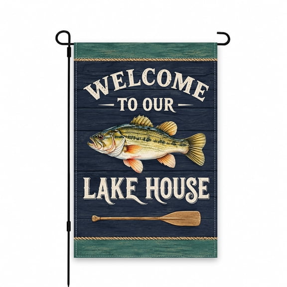 Garden Flag Welcome to Our Lake House Fishing Theme with Bass Fish and Paddle Design, Navy Blue Rustic Outdoor Decor Yard Flag for Garden Lawn Patio Porch, 12 x 18 Inch