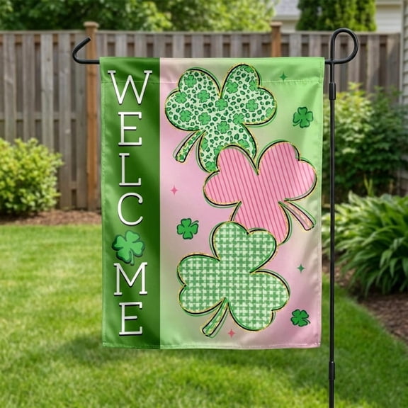 Garden Flag Welcome Shamrock Silk ’s Day Irish Clover V106, 12x18 POLE NOT INCLUDED