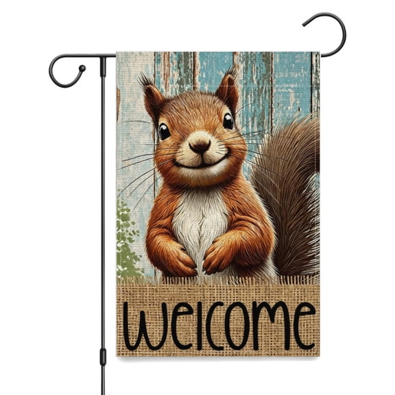 Garden Flag Welcome Squirrel Portrait on Distressed Blue Wood Background with Tan Lower Border, Decorative Outdoor Yard Lawn Porch Garden Entryway Animal Display