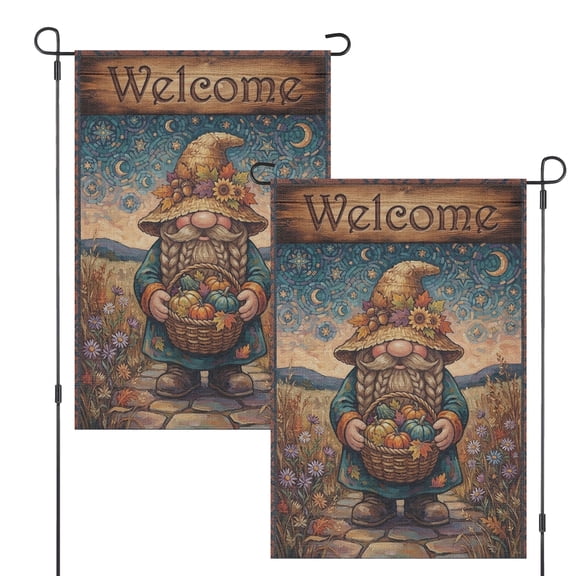Garden Flag Welcome Text with Gnome Holding a Basket, Autumn Field and Decorative Border, 12 x 18 Inch Decorative Outdoor Yard Flag for Garden Lawn Porch Entryway