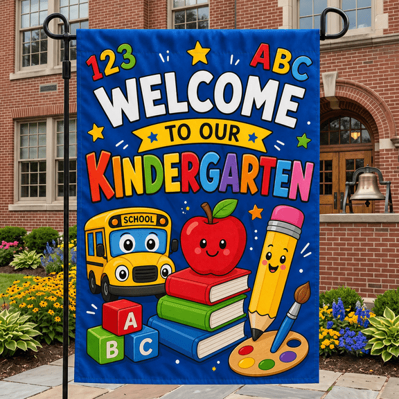 Garden Flag Welcome to Kindergarten School Bus Apple Book Outdoor Yard Decor for Classroom