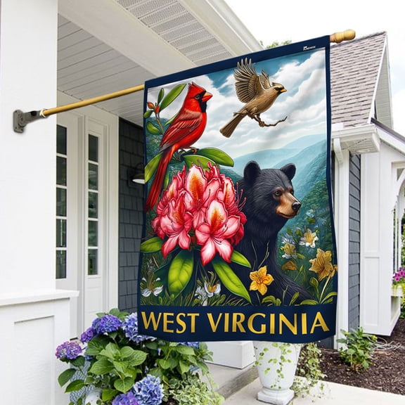 Garden Flag West Virginia Cardinal and Rhododendron Flower and Black Bear, State Wildlife, 12x18 POLE NOT INCLUDED