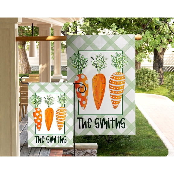 Garden Flag Whimsical Carrot Flag Personalized Family Name Spring Porch Decor Mothers Day Bunny Decor V46, 12x18 POLE NOT INCLUDED