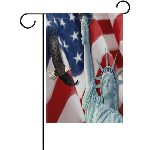 Garden Flag Yard Decoration, American Flag Flying Bald Eagle Statue of Liberty Memorial Day Independence Day USA Flag Double-Sided Polyester House Banner for Home Decor, 12" x 18"