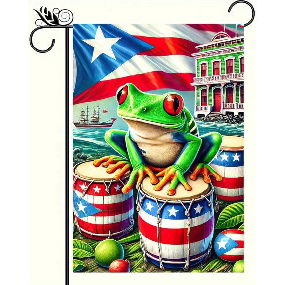 Garden Flag with Coqui Frog and American Style Puerto Rico Design, Double Sided Outdoor Yard Banner, 12x18 Inch Small Seasonal Holiday Decoration