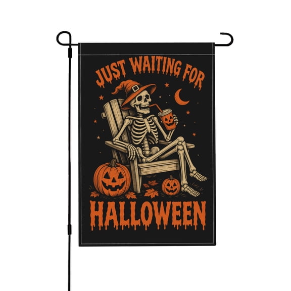 Garden Flag with Skeleton in Hat & Pumpkins - Rustic Outdoor Decor (12x18)