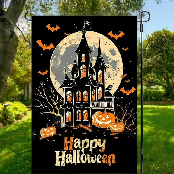 Garden Flags 12x18 Inch Halloween Garden Flag Double-Sided Haunted House Pumpkin Bats Moon Outdoor Fall Yard Sign Holiday Banner for Porch Lawn Decor