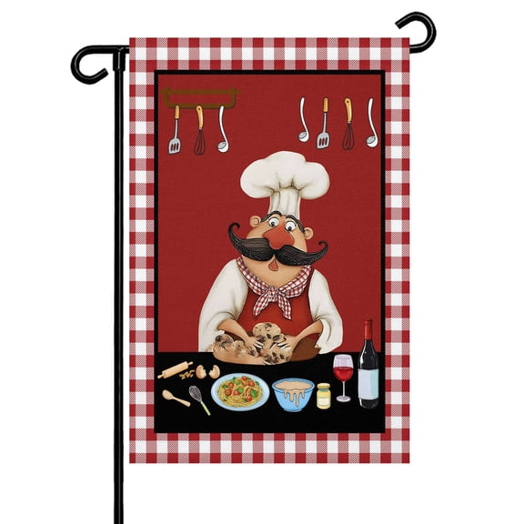 Garden Flags Bistro Cooking Chef Garden Flag Double Sided Welcome Flag Funny Kitchen Wine Red Plaid Yard Flags for Outdoor Backyard Lawn Porch Deck Patio Decor 12x18 Inch