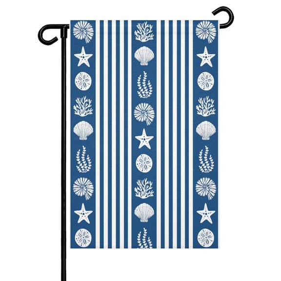 Garden Flags Dark Blue Stripes Shell Garden Flag Double Sided Welcome Flag Ocean Starfish Jellyfish Coral Yard Flags for Outdoor Backyard Lawn Porch Deck Patio Decor 12x18 Inch