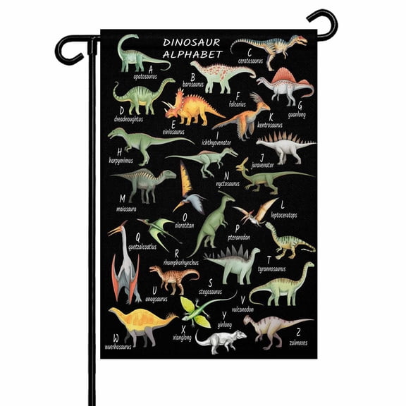 Garden Flags Dinosaur Family Garden Flag Double Sided Welcome Flag Learning Alphabet A to Z Name Black Yard Flags for Outdoor Backyard Lawn Porch Deck Patio Decor 12x18 Inch