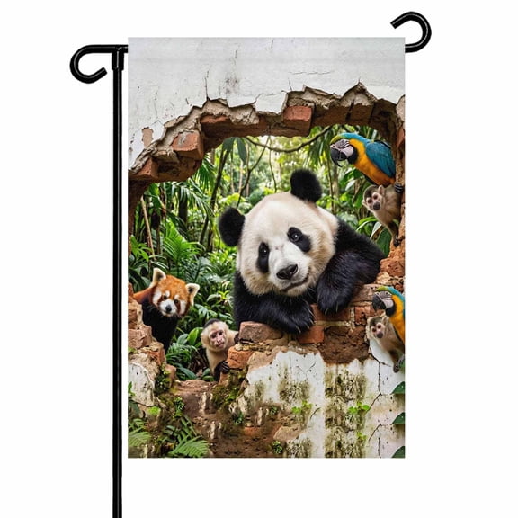 Garden Flags Forest Animal Garden Flag Double Sided Welcome Flag Broken Wall Panda Parrot Monkey Raccoon Yard Flags for Outdoor Backyard Lawn Porch Deck Patio Decor 12x18 Inch