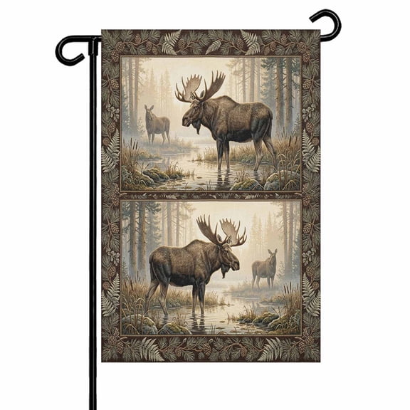 Garden Flags Forest Moose Garden Flag Double Sided Welcome Flag Animal Sunlight Misty Wetland Yard Flags for Outdoor Backyard Lawn Porch Deck Patio Decor 12x18 Inch