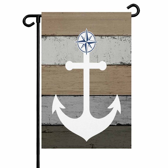 Garden Flags Nautical Anchor Garden Flag Double Sided Welcome Flag Vintage Brown Wood Grain Yard Flags for Outdoor Backyard Lawn Porch Deck Patio Decor 12x18 Inch