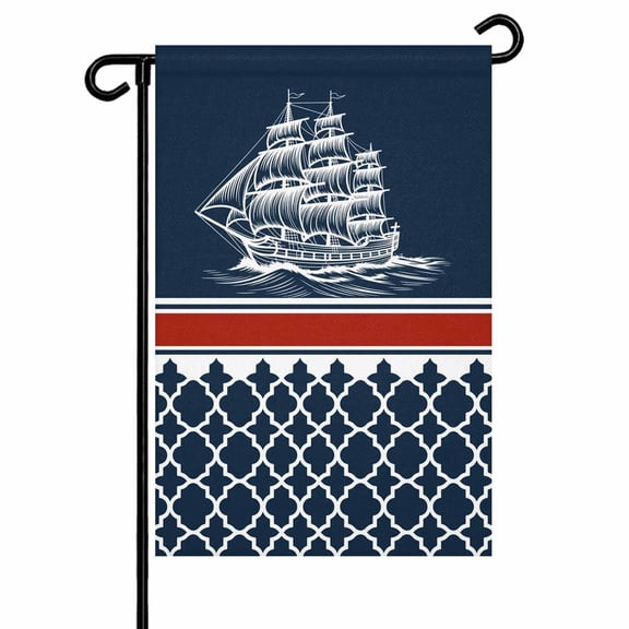 Garden Flags Nautical Sailing Boats Garden Flag Double Sided Welcome Flag Red Navy Blue Geometric Stripes Yard Flags for Outdoor Backyard Lawn Porch Deck Patio Decor 12x18 Inch
